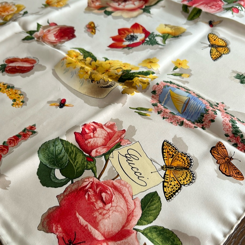 Gucci Floral & Butterfly Silk Scarf in White, Pink, Yellow, Green